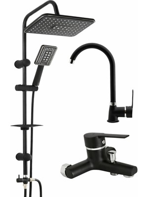 Fulcie Siyah Robot Tepe Yağmurlama Delta Banyo - Mutfak - Lavabo Bataryası Musluğu Çeşmesi 4'lü Modern Set