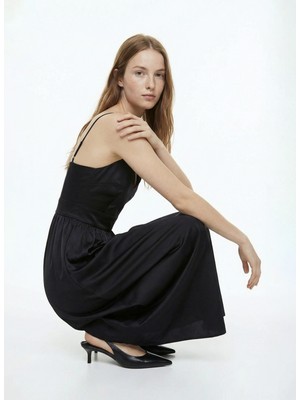 Fabrika Kalp Yaka Düz Siyah Maksi Kadın Elbise F6SL-ELB0051