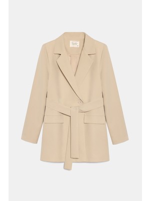 Saade Bej Kadın Tek Düğmeli Dokuma Kruvaze Blazer Ceket - Kuşaklı 46