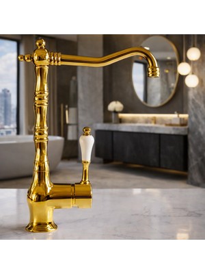 Musluq Rustik Tasarım 360 Derece Döner Borulu Mutfak-Eviye Bataryası Gold-Altın-Eviye Lüks Tasarım