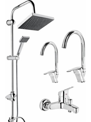 Fulcie Delta Krom 4 Parça Banyo Mutfak Evye Lavabo Batarya Musluk Seti Duş Bataryası Evye Musluk