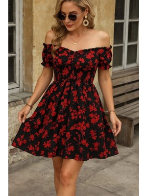 Çamaşır Kenti Kadın Kısa Kollu Madonna Yaka Beli Lastikli Çiçek Desenli Kısa Süprem Elbise
