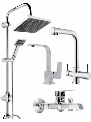 Fulcie Robot Duş Seti Üç Yollu Arıtmalı Batarya Kare Lavabo Bataryası Kare Banyo Bataryası 4 Lü Set