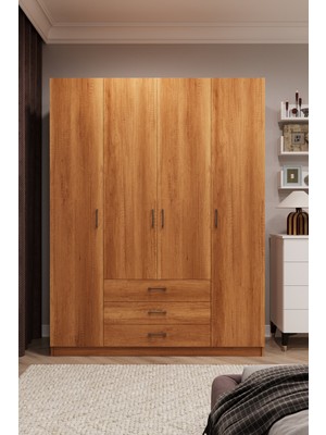 Asra Trend MDF 4 Kapaklı, 3 Çekmeceli Gardırop - 160x208x53cm, Geniş Hacimli Kıyafet Dolabı, G-02