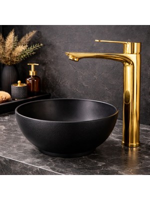 Fulcie Gold Altın Renk Kaplamalı Çanak Lavabo Bataryası Yüksek Banyo Lavabo Bataryası