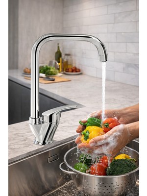 Musluq Köşel Borulu Mutfak Lavabo Bataryası Krom