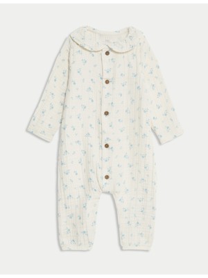 Marks & Spencer Saf Pamuklu Çiçek Desenli Tulum (0-12 Ay)