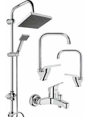 Musluq Krom 4lü Set Banyo Bataryası Eviye Bataryası Lavabo Bataryası Duş Tepe Yağmurlama Krom Setler