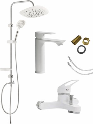 Fulcie 3'lü Full Lüx Set Robot - Sabit Banyo Lavabo Bataryası - Banyo Duş Bataryası Musluğu Beyaz Set