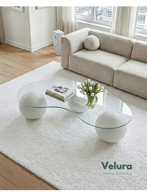 Velura Home & Living Modern Orta Sehpa & Top Sehpa Cam Sehpa & Küre Orta Sehpa - Beyaz Top - Fasulye - Şeffaf Cam