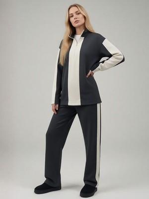 Trendseninle Kadın Füme Yarım Fermuarlı Premium Kumaş Eşofman Takımı