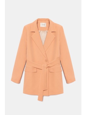 Saade Somon Kadın Tek Düğmeli Dokuma Kruvaze Blazer Ceket - Kuşaklı 44