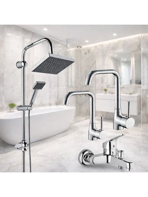 Krom 4lü Set Banyo Bataryası Eviye Bataryası Lavabo Bataryası Duş Tepe Yağmurlama Seti Özel Seri 2