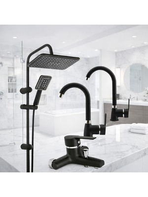 Siyah Robot Siyah Tepe Yağmurlama Duş Seti Mutfak Banyo Lavabo Bataryası 4'lü Set