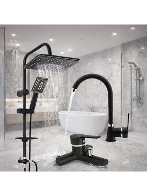 Siyah Robot Yağmurlama Duş Seti Mix Siyah Banyo Lavabo Bataryası Seti Duşa Kabin 3'lü Set
