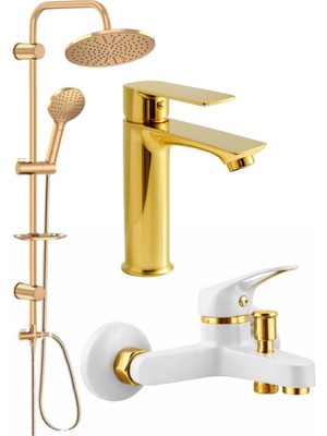 3'lü Banyo Batarya Seti Gold Robot Duş Seti - Gold Sabit Lavabo - Beyaz Gold Banyo Bataryası