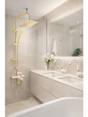 Gold Robot Beyaz Gold Baston Borulu Lavabo Bataryası Beyaz Gold Banyo Bataryası 4'lü Duş Seti