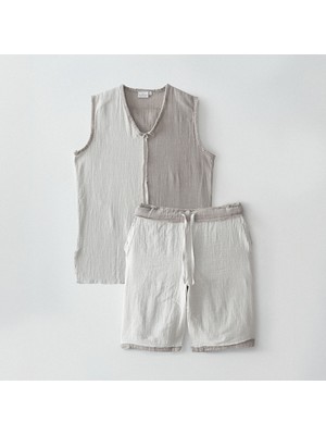 Ecocotton Melsa Erkek Şortlu Pijama Takımı %100 Organik Pamuk Müslin Açık Gri