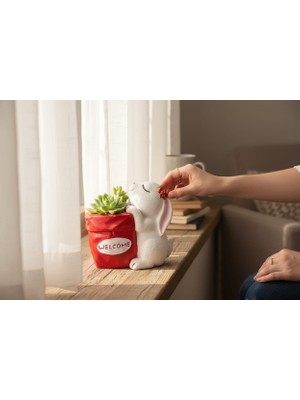 Kelebek Rüyası Sanat Atölyesi Dekoratif Tavşan Figürlü Saksı, Kalemlik,fırçalık , Hediyelik ,dekor