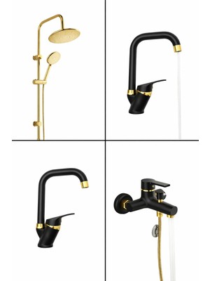 Gold Kare Robot Seti, Siyah Gold Banyo, Lavabo, Mutfak Bataryası Çeşmesi 4’lü Set