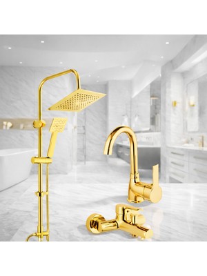 Gold Banyo Seti - Duş Robotu, Banyo Bataryası, Lavabo Bataryası 3'lü Set Duş Sitem