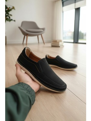 Enoch Hakiki Deri Lazer Kesim Delikli ve Esnek Comfort Tabanlı Erkek Slip-On Ayakkabı