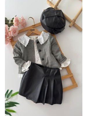 Miniğimin Cicileri Deri Şort Etekli Desenli Gömlekli Kaşe Kız Çocuk 4 Lü Takım - Gri
