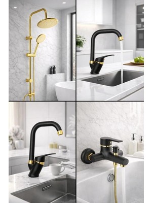 Gold Kare Robot Seti, Siyah Gold Banyo, Lavabo, Mutfak Bataryası Çeşmesi 4’lü Set