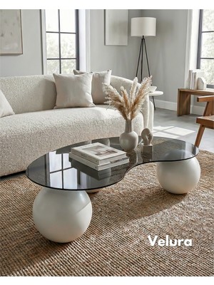 Velura Home & Living Top Sehpa & Modern Orta Sehpa & Cam Sehpa & Küre Sehpa - Fasülye - Füme Cam - Beyaz Ayak
