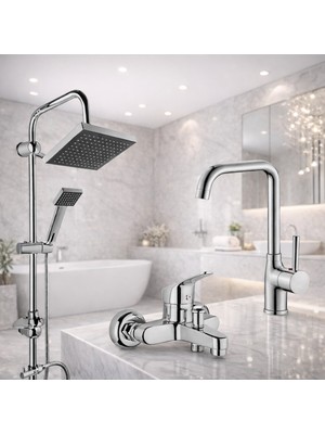 Krom 3lü Set Banyo Bataryası Eviye Bataryası Lavabo Bataryası Duş Tepe Yağmurlama Seti Özel Seri 2