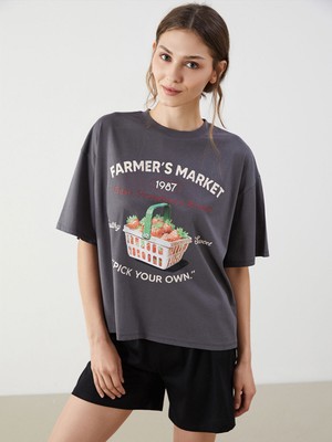 Lc Waikiki Yeni Sezon Bisiklet Yaka Baskılı Oversize Kadın Pijama Üstü