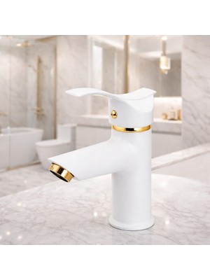 Kaliteli Beyaz Gold Renk Lüx Sabit Gövde Banyo Lavabo Musluğu Bataryası