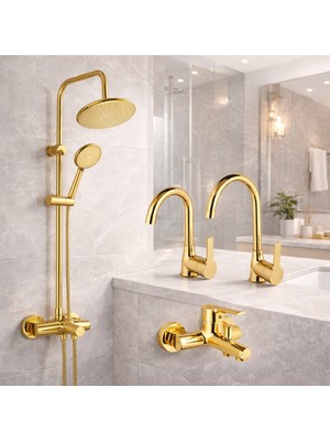 Yuvarlak Gold Mutfak Lavabo Banyo Bataryası Set Tepe Duş Seti Lüks Batarya 4'lü Duş Set