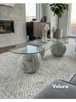 Modern Orta Sehpa & Top Sehpa Cam Sehpa & Küre Orta Sehpa - Pleksi Traverten Top - Fasulye - Şeffaf Cam