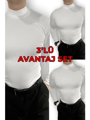 Lushen Beyaz Erkek 3'lü Avantaj Paket Set Uzun Kollu Balıkçı Yaka Body Badi Kazak