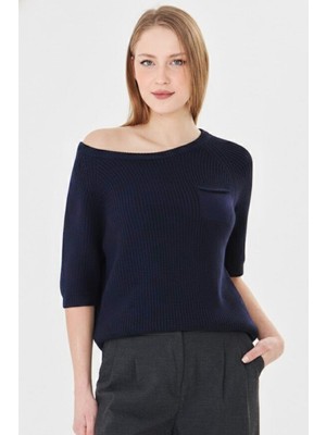 Irmak Kerekli Kadın %100 Pamuk Kayık Yaka Selanik Örgü Kısa Kollu Triko Bluz Yazlık/baharlık Kazak 71813 Lacivert