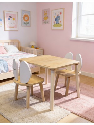 Ahşap Ders Çalışma Masası - Çocuk Aktivite Masası - Çift Sandalyeli