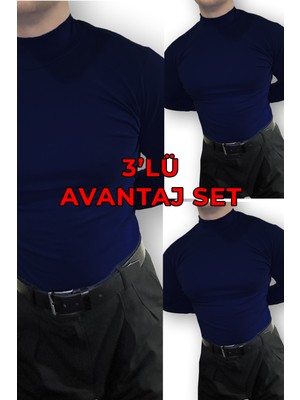 Lushen Lacivert Erkek 3'lü Avantaj Paket Set Uzun Kollu Balıkçı Yaka Body Badi Kazak