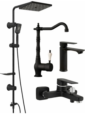 Musluq Aurum Luxe 4’lü Set - 4’lü Rustik Banyo & Mutfak Seti | Robot Duş + Lavabo + Eviye Set