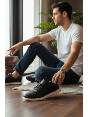 Enoch Hakiki Deri Siyah Klasik Maskaretli Beyaz Tabanlı Erkek Loafer