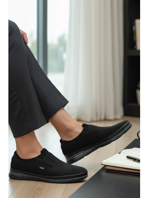 Enoch Hakiki Deri Siyah Lazer Kesim Esnek Lastikli Erkek Comfort Ayakkabı