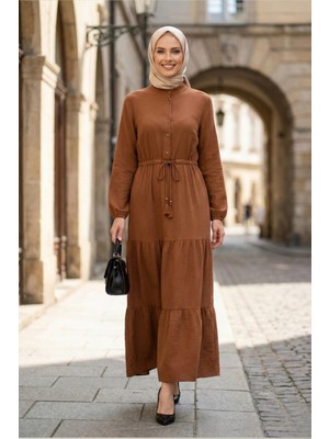 Kadın Düğmeli Bağcıklı Taba Tesettür Keten Elbise