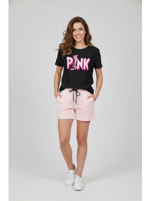 Makiteks Kadın Şort Tişört Takım Pink Panther Tshirt Pembe Panter