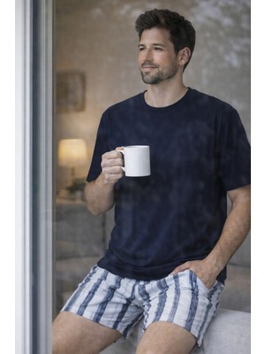 Koza İç Giyim Erkek Pamuklu Kısa Kollu Çizgili Cepli Şortlu Pijama Takımı