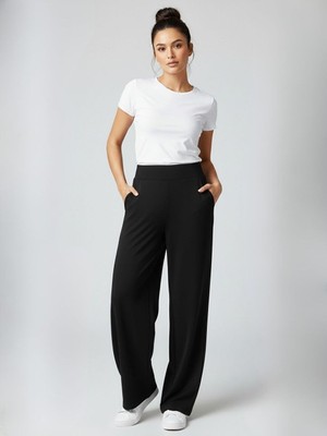 Trendseninle Kadın Siyah Beli Lastikli Detaylı Elastanlı Palazzo Yüksek Bel Pantolon