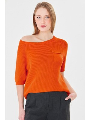 Irmak Kerekli Kadın %100 Pamuk Kayık Yaka Selanik Örgü Kısa Kollu Triko Bluz Yazlık/baharlık Kazak 71813 Oranj