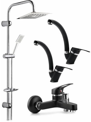 Robot Duş Seti Mix Takım Evye-Lavabo-Banyo Bataryası 4 Lü Kuğ Set Siyah Duş Sistem