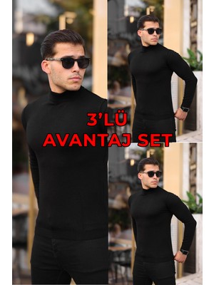 Lushen Siyah Erkek 3'lü Avantaj Paket Set Uzun Kollu Balıkçı Yaka Body Badi Kazak