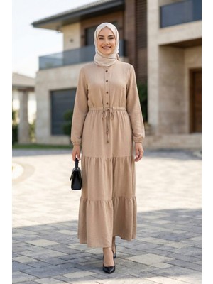 Kadın Düğmeli Bağcıklı Bej  Tesettür Keten Elbise
