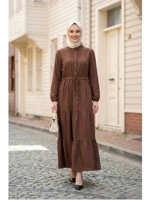 Kadın Düğmeli Bağcıklı Kahverengi Tesettür Keten Elbise